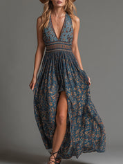 Retro Boho Kwiatowa Chiffonowa Sukienka Maxi bez Rękawów