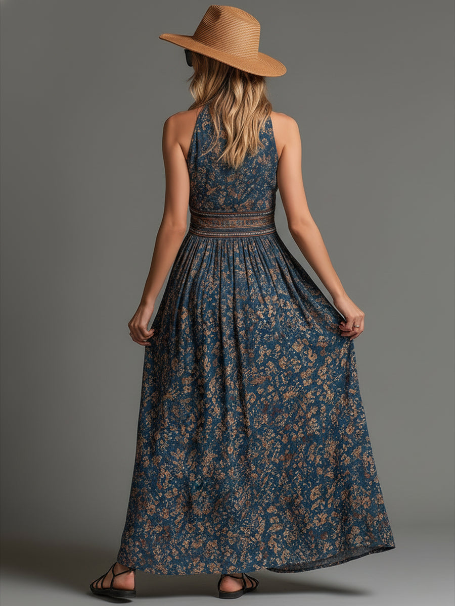 Retro Boho Kwiatowa Chiffonowa Sukienka Maxi bez Rękawów