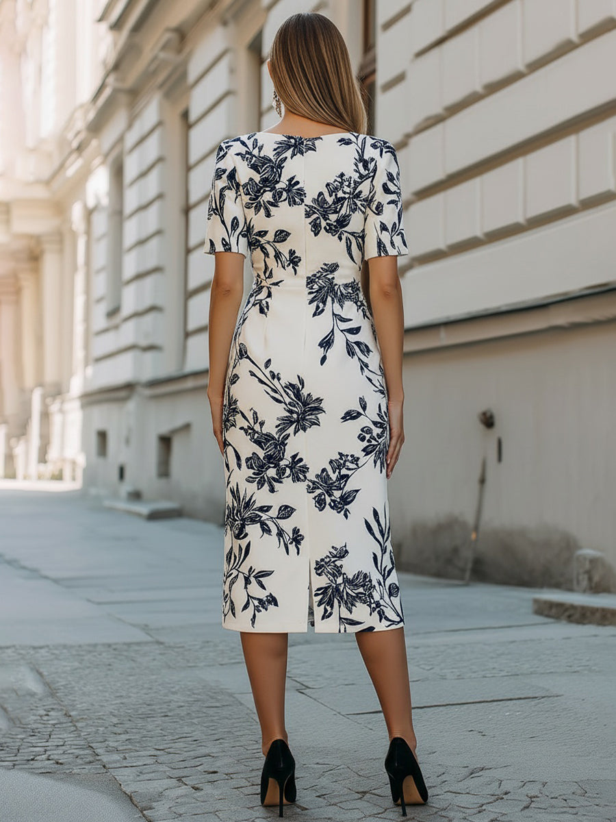 Sukienka midi z krótkim rękawem w print botaniczny