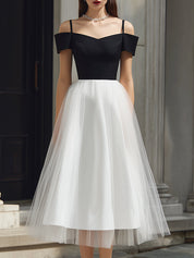Sukienka Midi A-Line z Tyllu z Detalami na Ramiączkach Off-Shoulder
