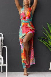 Sukienka Maxi z Dekoltem w Serek, Bez Rękawów, Z Tylnym Zawiązaniem i Rozcięciem w Kwiatowy Wzór