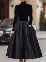 Elegancka Czarna Sukienka Midi z Aksamitą i Satyną