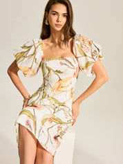 Sukienka w Kwiaty z Puff Sleeve i Odkrytym Plecami