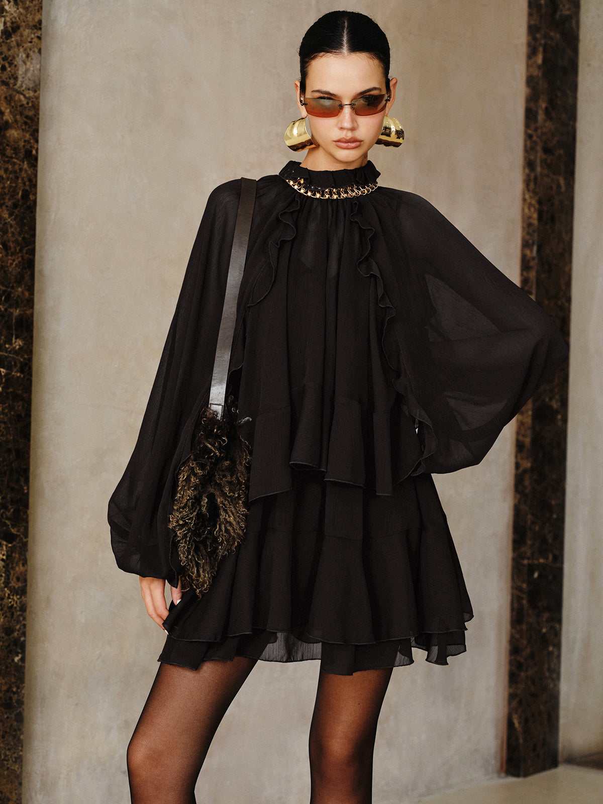 Zestaw Mini Sukienki z Tiered Ruffle Chiffon z Podszewką