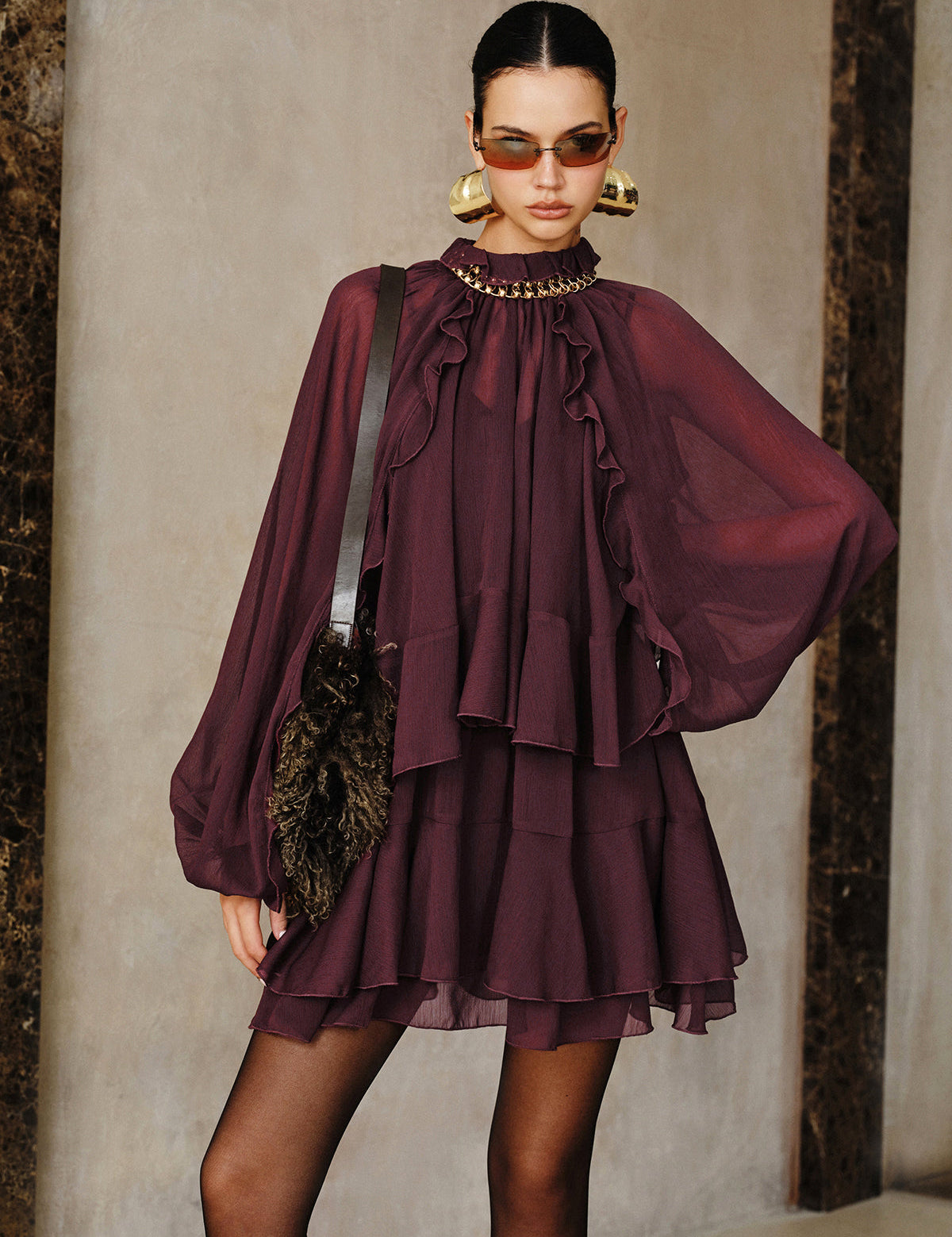 Zestaw Mini Sukienki z Tiered Ruffle Chiffon z Podszewką