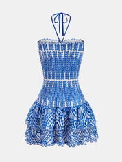 Halter Smocked Embroidered Layered Mini Dress