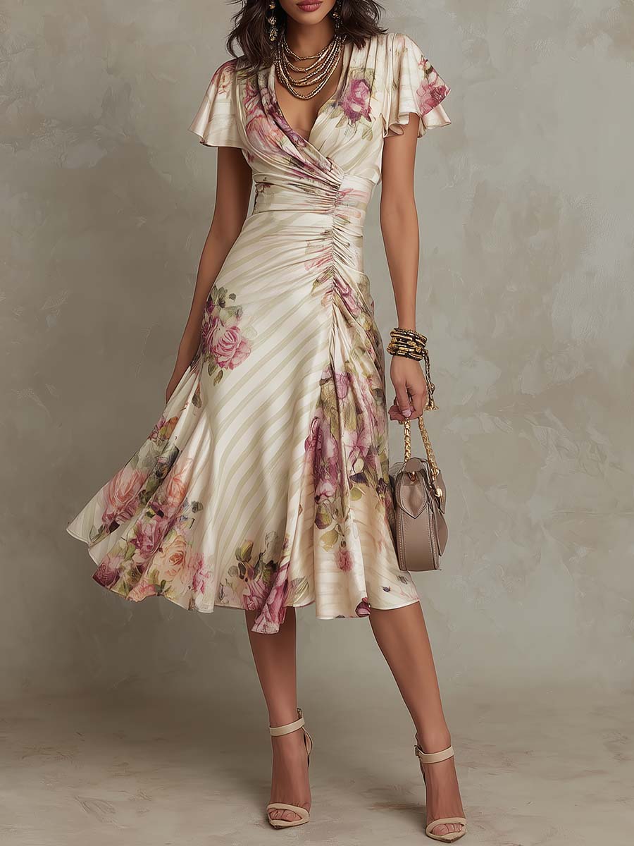 Elegancka vintage sukienka midi w kwiaty z satyny