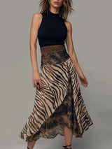 Vintage Zebra Print Patchwork Bez Rękawów Midi Sukienka