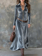Szara aksamitna sukienka maxi z metalowymi guzikami i kołnierzem (z paskiem)