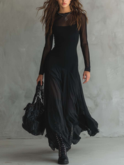 Czarna Sukienka Maxi z Tiulu w Stylu Patchwork