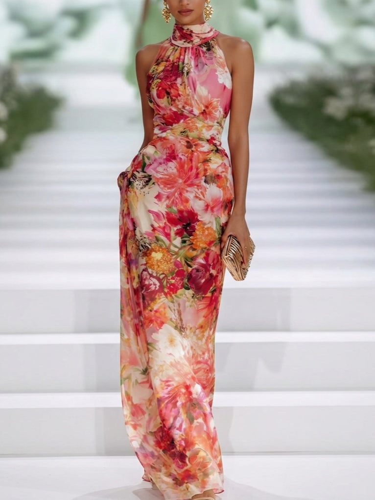 Czerwona Sukienka Maxi z Chiffonu w Kwiaty z Halterem