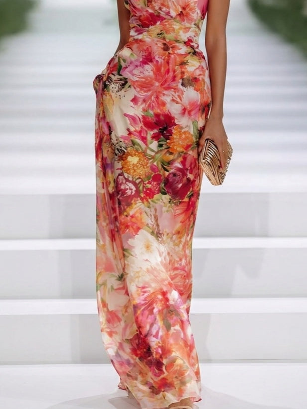 Czerwona Sukienka Maxi z Chiffonu w Kwiaty z Halterem