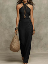 Sukienka maxi z dekoltem halter w stylu soft drape z faux lnu