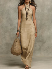 Sukienka maxi z dekoltem halter w stylu soft drape z faux lnu