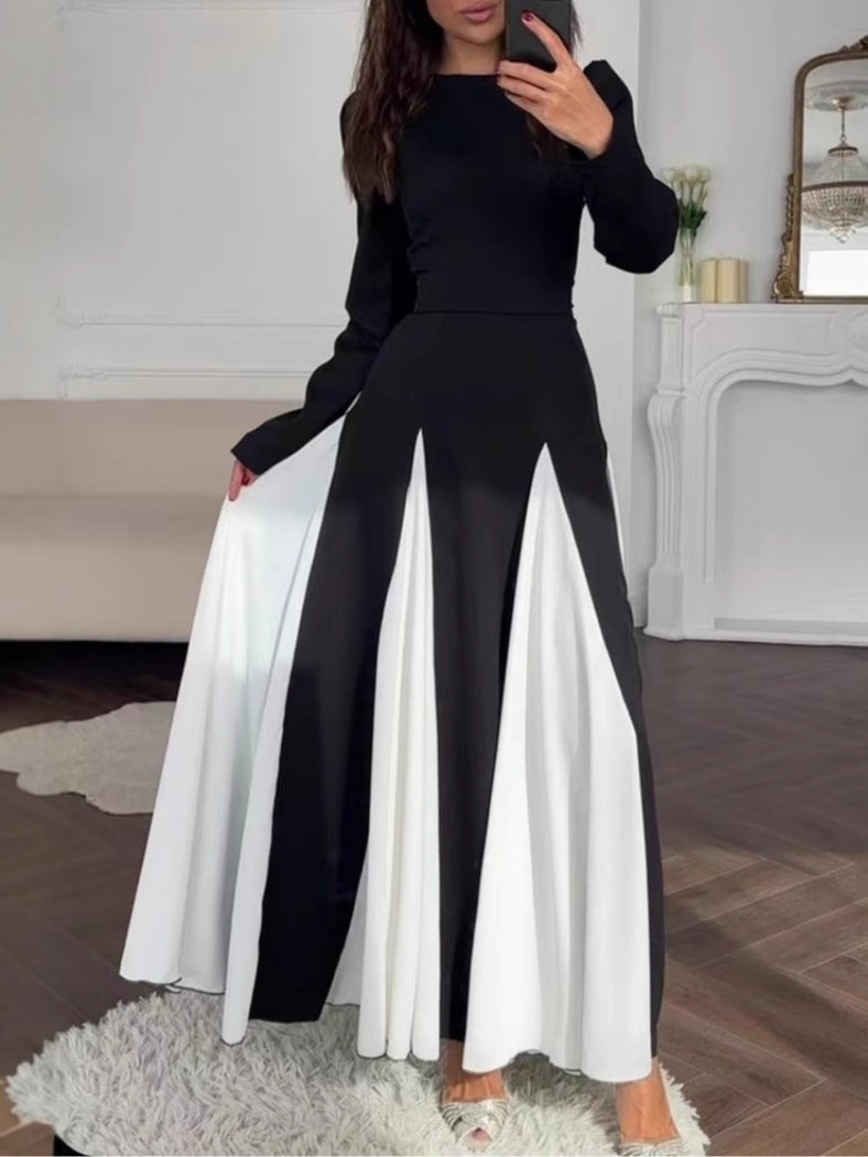 Elegancka czarno-biała sukienka maxi z okrągłym dekoltem i długim rękawem