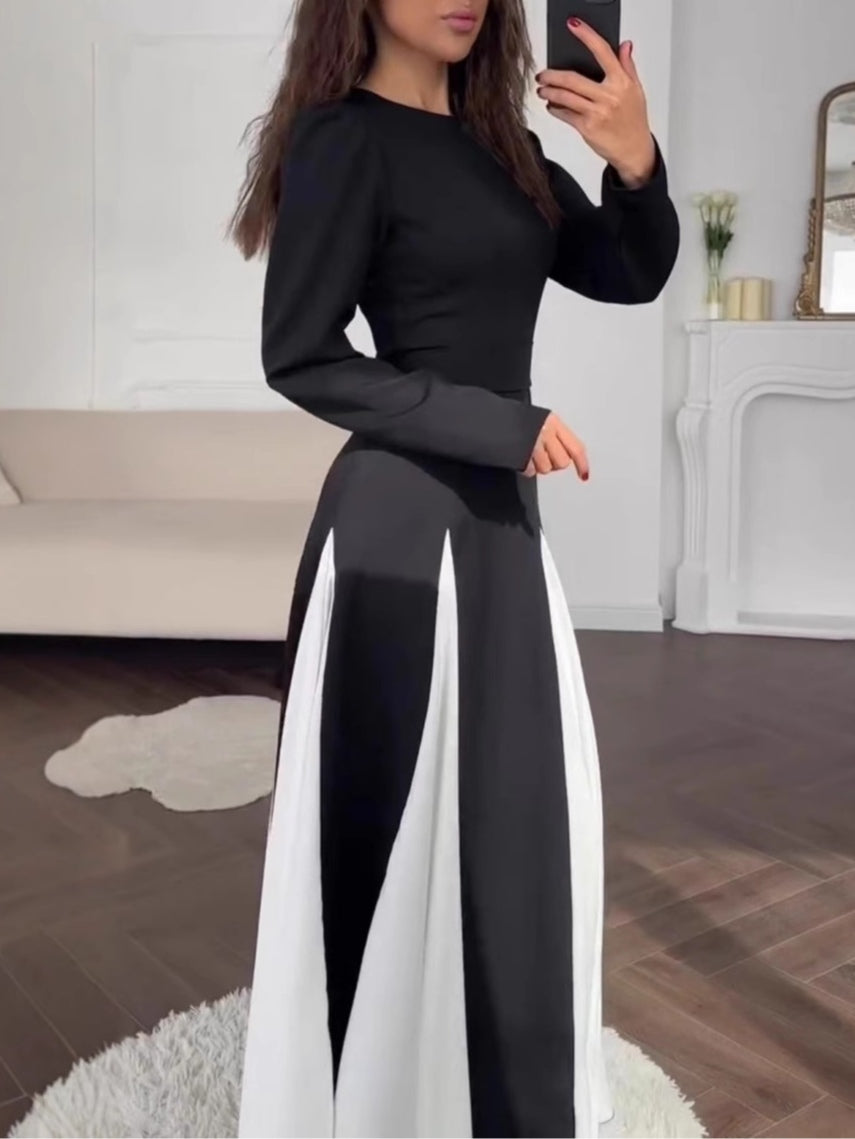 Elegancka czarno-biała sukienka maxi z okrągłym dekoltem i długim rękawem