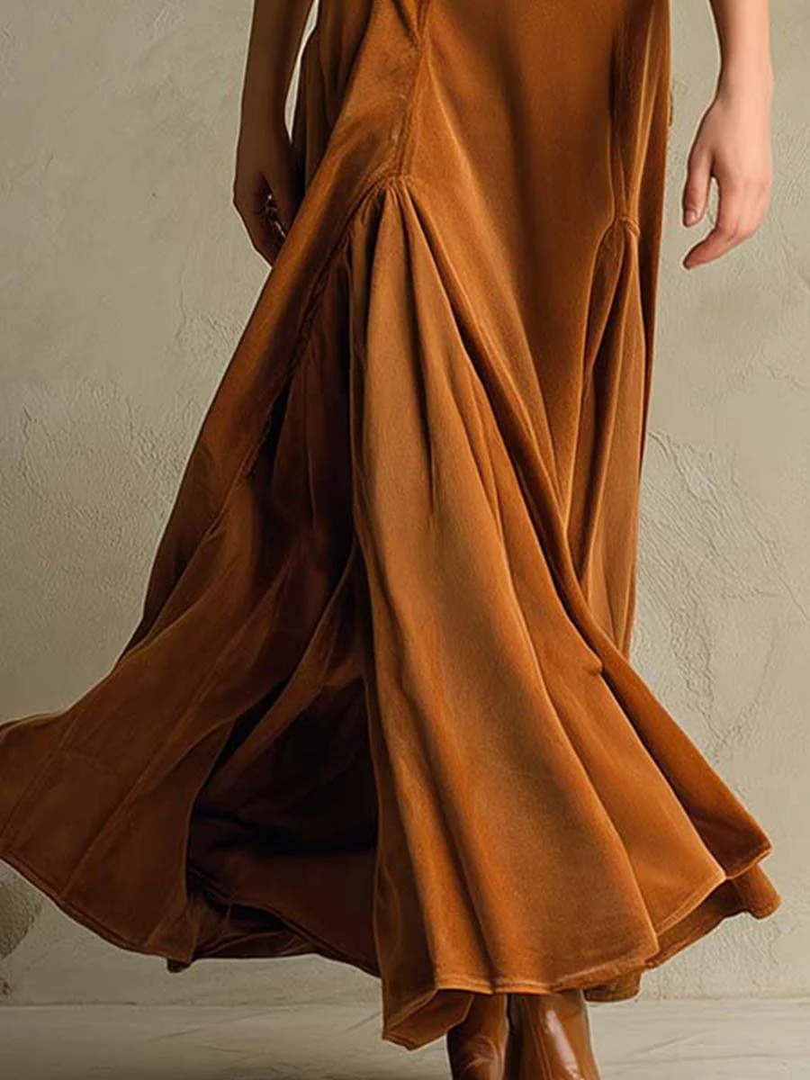 Brązowa Elegancka Retro Sukienka z Aksamitnym Kołnierzem