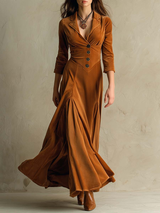 Brązowa Elegancka Retro Sukienka z Aksamitnym Kołnierzem