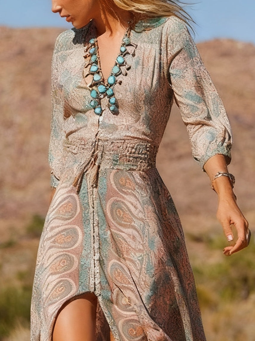 Sukienka Maxi w Stylu Boho z Rozcięciem