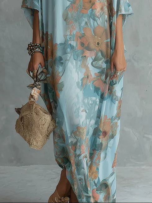 Boho Niebieska Sukienka w Kwiaty Luźna Długa