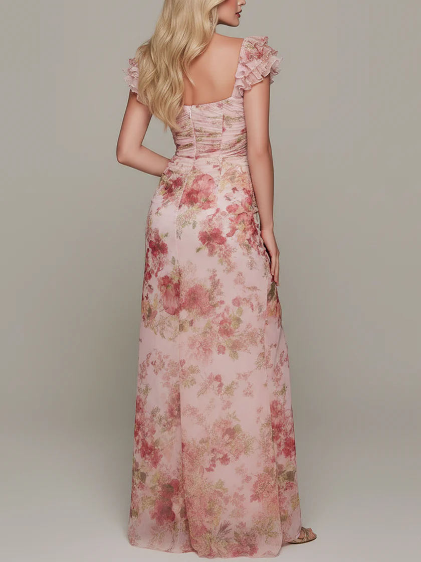 Elegancka sukienka maxi z falbanami i kwiatowym nadrukiem z szyfonu