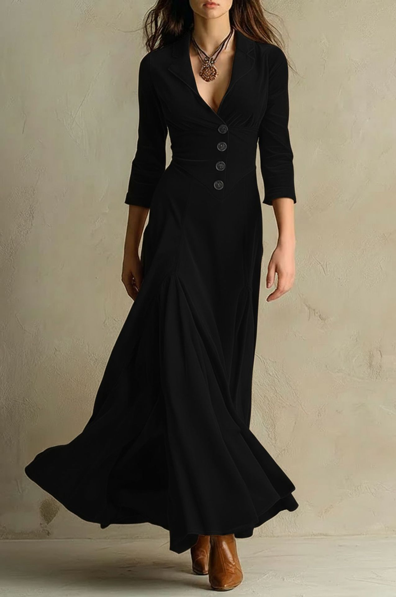 Brązowa Elegancka Retro Sukienka z Aksamitnym Kołnierzem